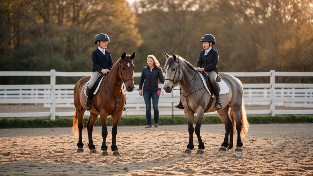 Cours d'equitation en club FFE avec deux enfants sur leurs poneys