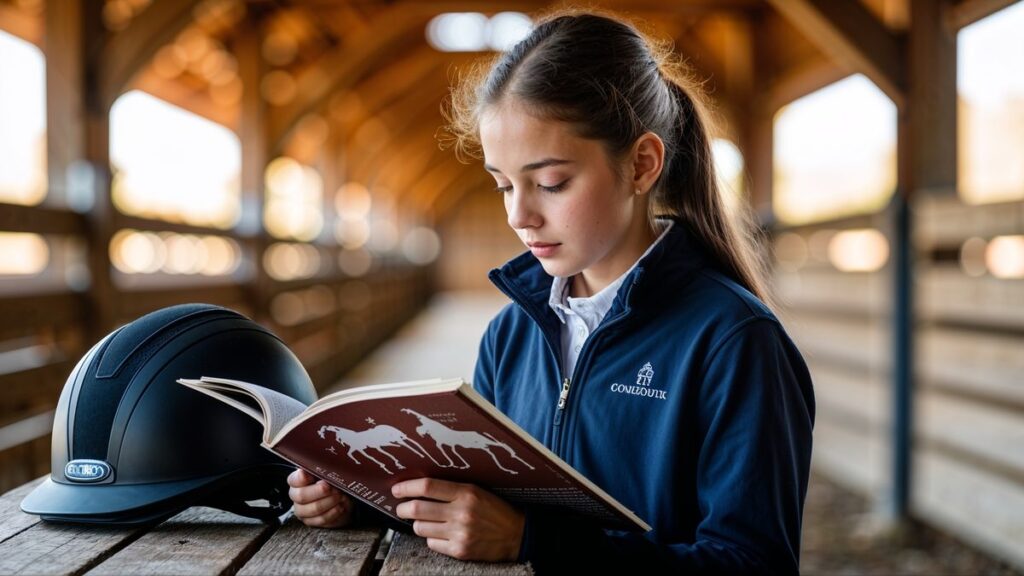 Adolescente revisant son Galop avec un manuel d'equitation