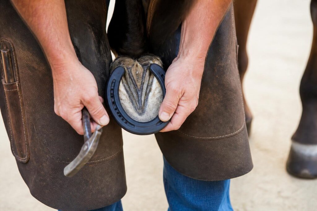 Marechal-ferrant posant un fer en plastique composite sur le sabot d'un cheval