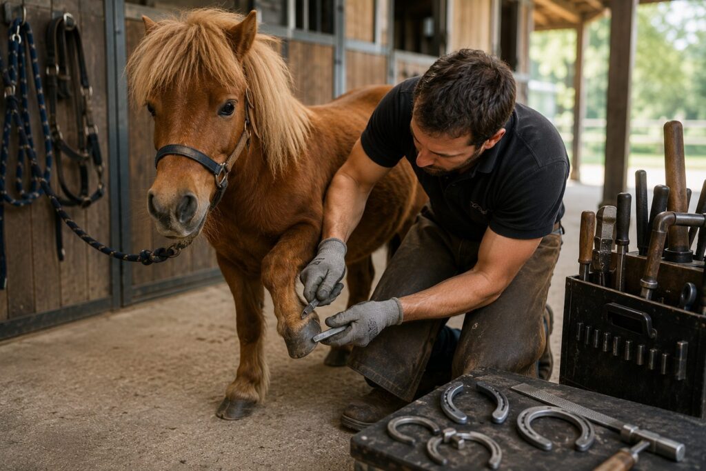 Marechal-ferrant parant le pied d'un poney Shetland