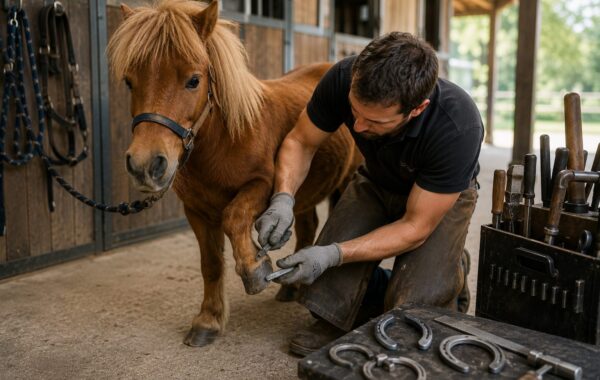 Marechal-ferrant parant le pied d'un poney Shetland